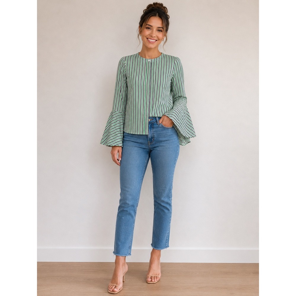 Milly Green Navy Striped Bell Sleeve Cotton Blouse Top Size 6 Made in USA